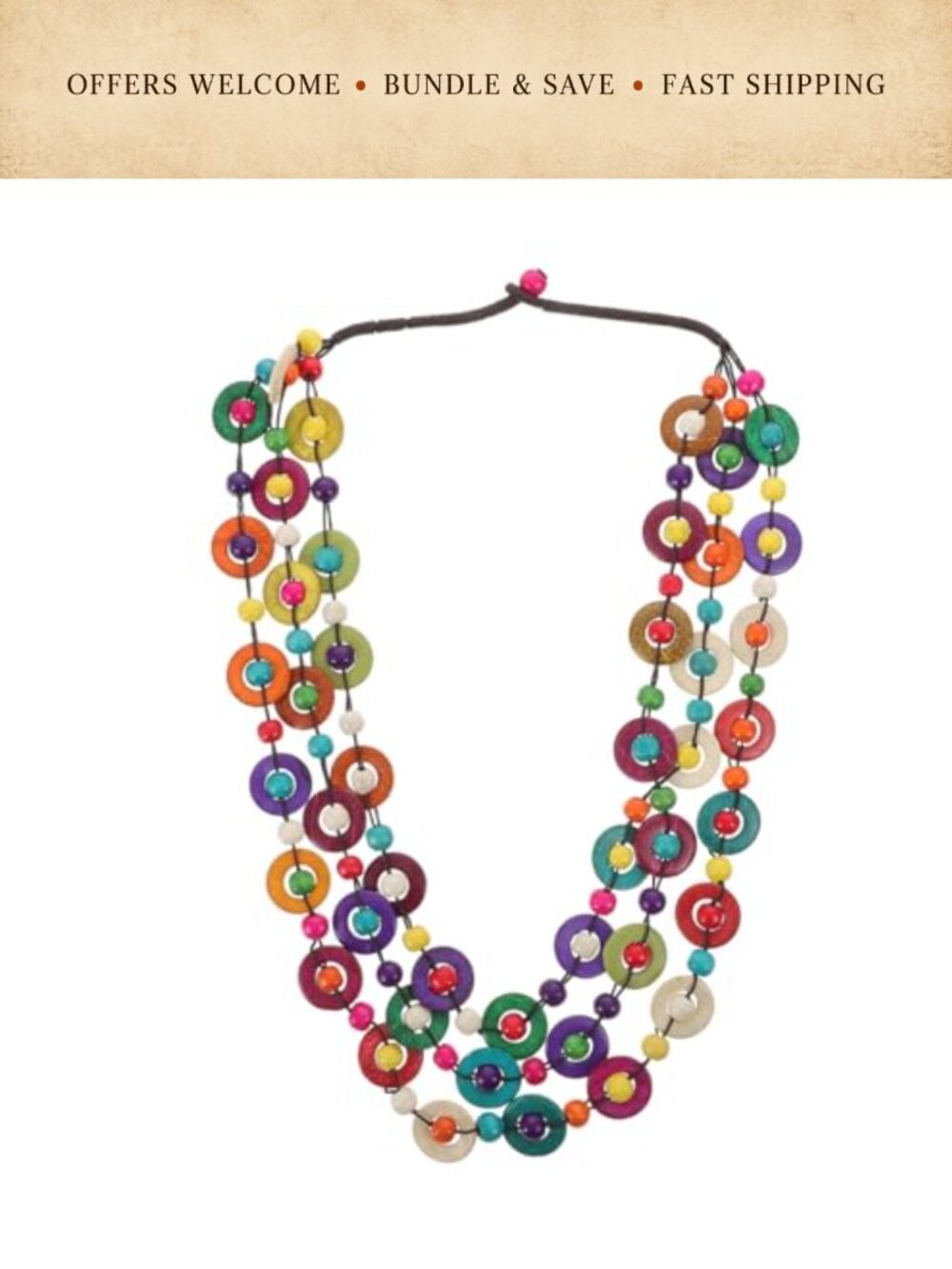 Handmade Bohemian Coconut Shell Wood Bead Necklace - Multi Layer Statement